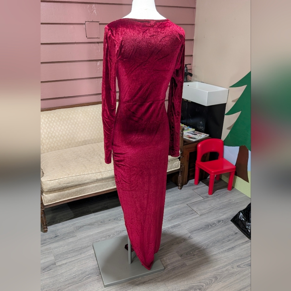 Red Velvet Long Sleeve Gown - Picture 2 of 3